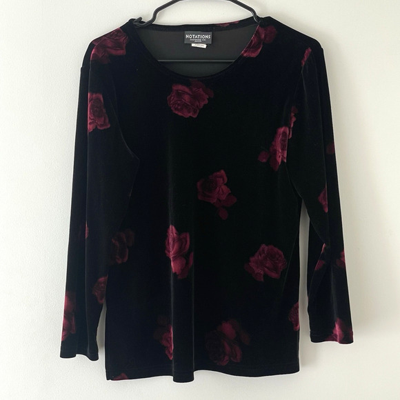 Velvet Rose Print Top Black Red Floral Stretch Long Sleeve Y2K Grunge Romantic M - Picture 1 of 6